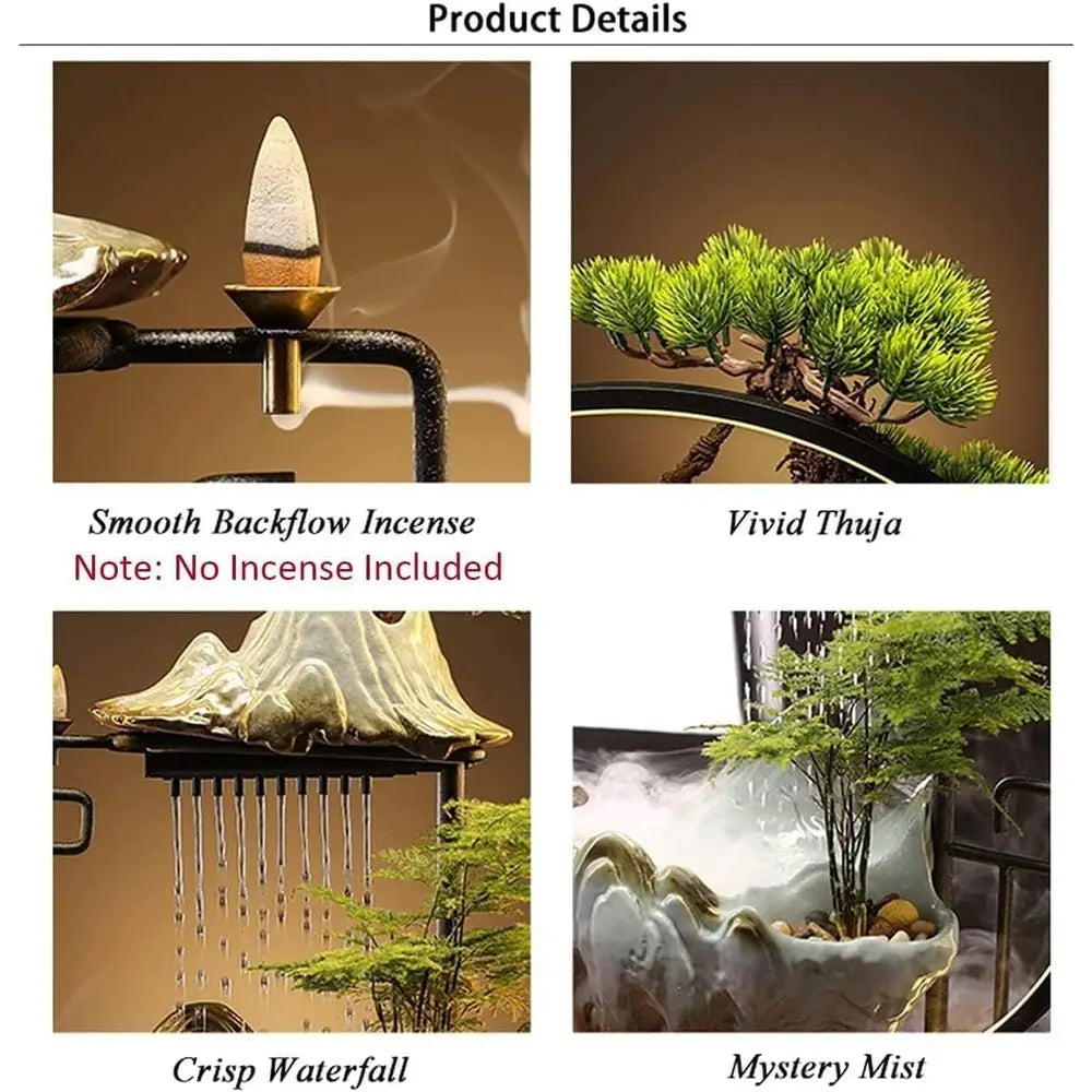 Buddha Water Fountain Indoor Waterfall with LED Light Zen Decor for Meditation, Mist, Japanese Style with Fake Plants, Feng Shui