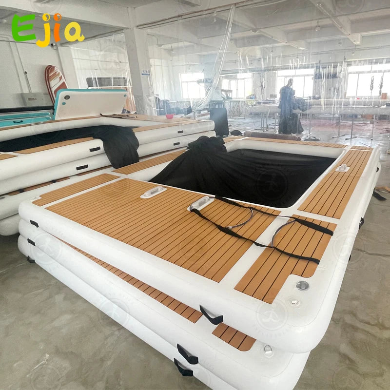 13FT Inflatable Pool Float Platform, Thick PVC Floating Dock with Non-Slip EVA Surface, Inflatable Floating Dock for Yacht/Boat