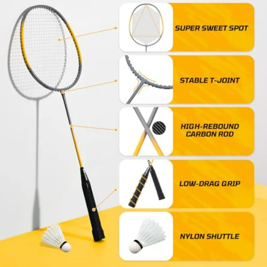 Professional Badminton Set for Backyard and Outdoor, Heavy Duty Badminton Net with Anti-Sag Design, Premium Carbon Fiber Racket