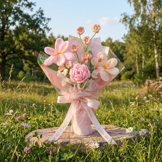 RIDDSEE Handmade Yarn Crochet Flower Bouquet Set - Pink Decorative Floral Table Decor, Gift for Women with Gift Box, Bag and Card (Ideal for Valentine’s Day) tiktokshopspringglowup,summervibes