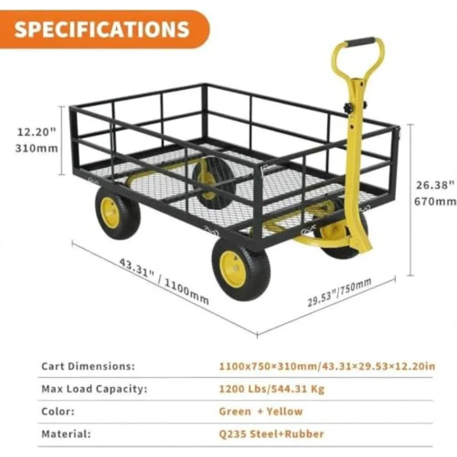 Heavy Duty Steel Garden Cart for outdoor use black steel 1200 LBS capacity 10-inch tires 180 rotating handle ATV/tractor compat