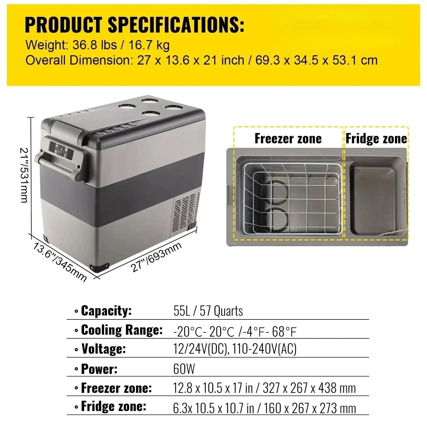 VEVOR 15-55L Car Refrigerator, 12V Car Fridge, -4℉-50℉ Adjustable Range,12/24V DC and 100-240V AC Compressor Cooler for Outdoor