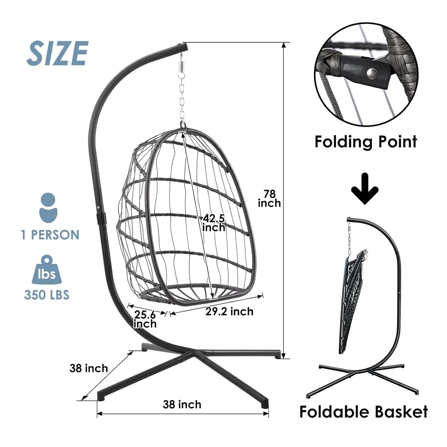 Egg Chair with Stand - Hanging Swing Egg Chair Rattan Wicker Patio Hammock Chair for Indoor Outdoor Bedroom - Rusty, Customized