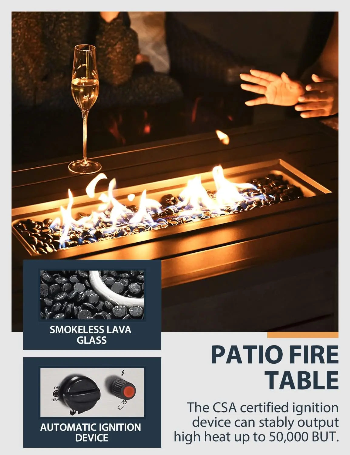 48inch 50000 BTU Gas Fire Pit with Aluminum Slats Table Top, Lid, Black Glass Rock, Aluminum Fire Table,CSA Safety Certified