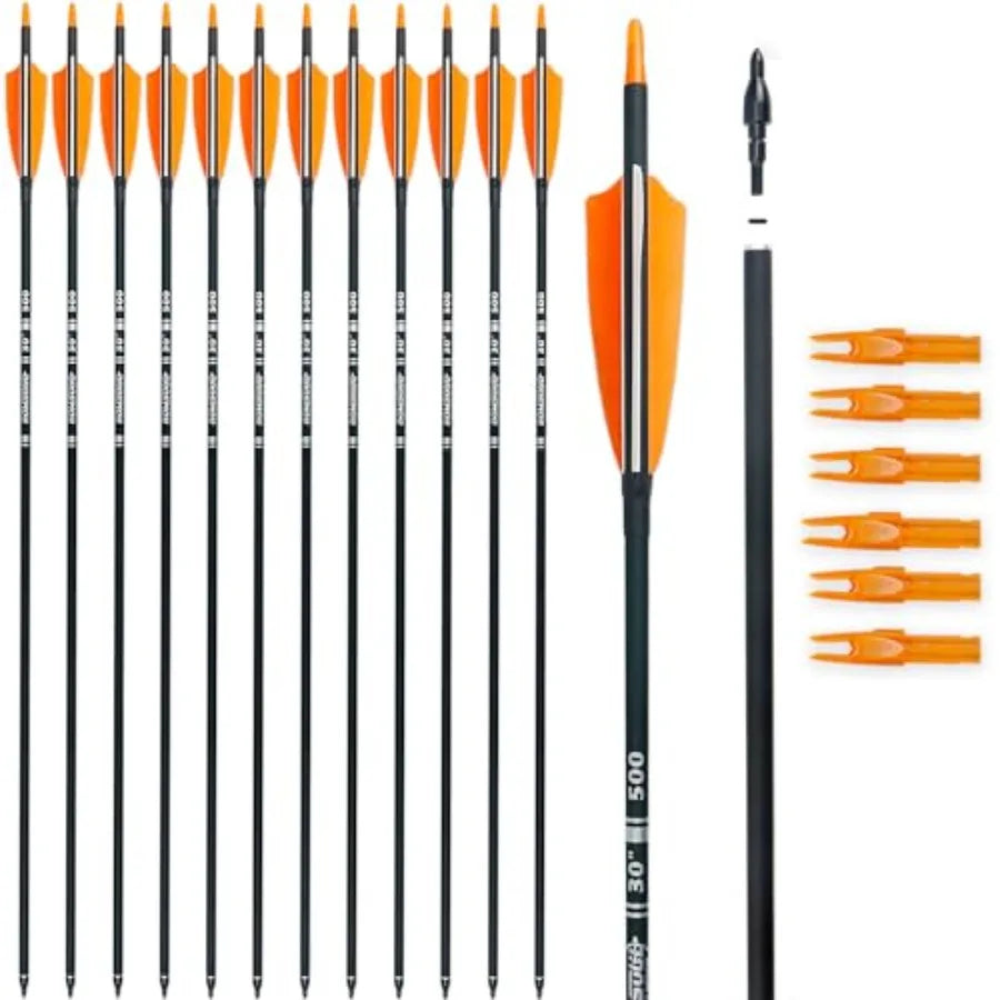 30" CarbonArrows Archery Target Practice Hunting Arrows with 4" Turkey Feather fletched Spine 500 Arrow for Traditional Bow(12)