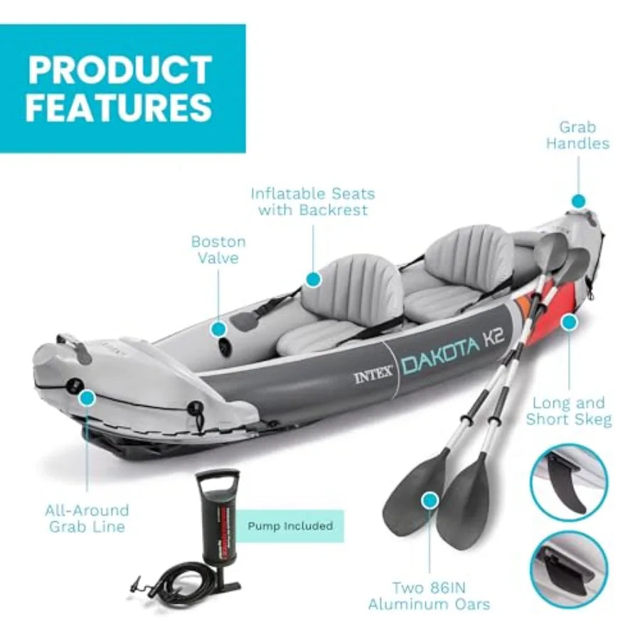 2-Person Inflatable Kayak Set Dakota K2 with 86in Oars and Pump in Blue for Outdoor Water Sports with Quick Inflation and Durab