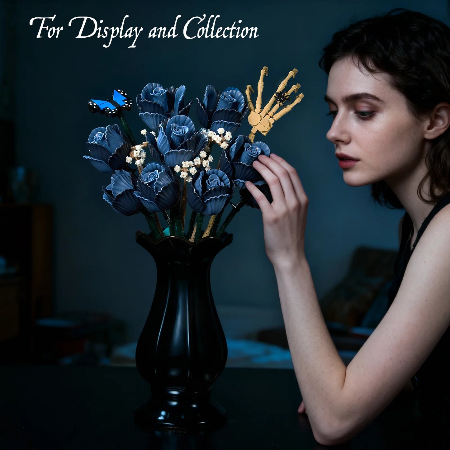 Corpse Bride Bouquet Building Blocks Set Blue Rose Flower Model Room Decoration Home Office Decor Gifts for Mother Day Valentine