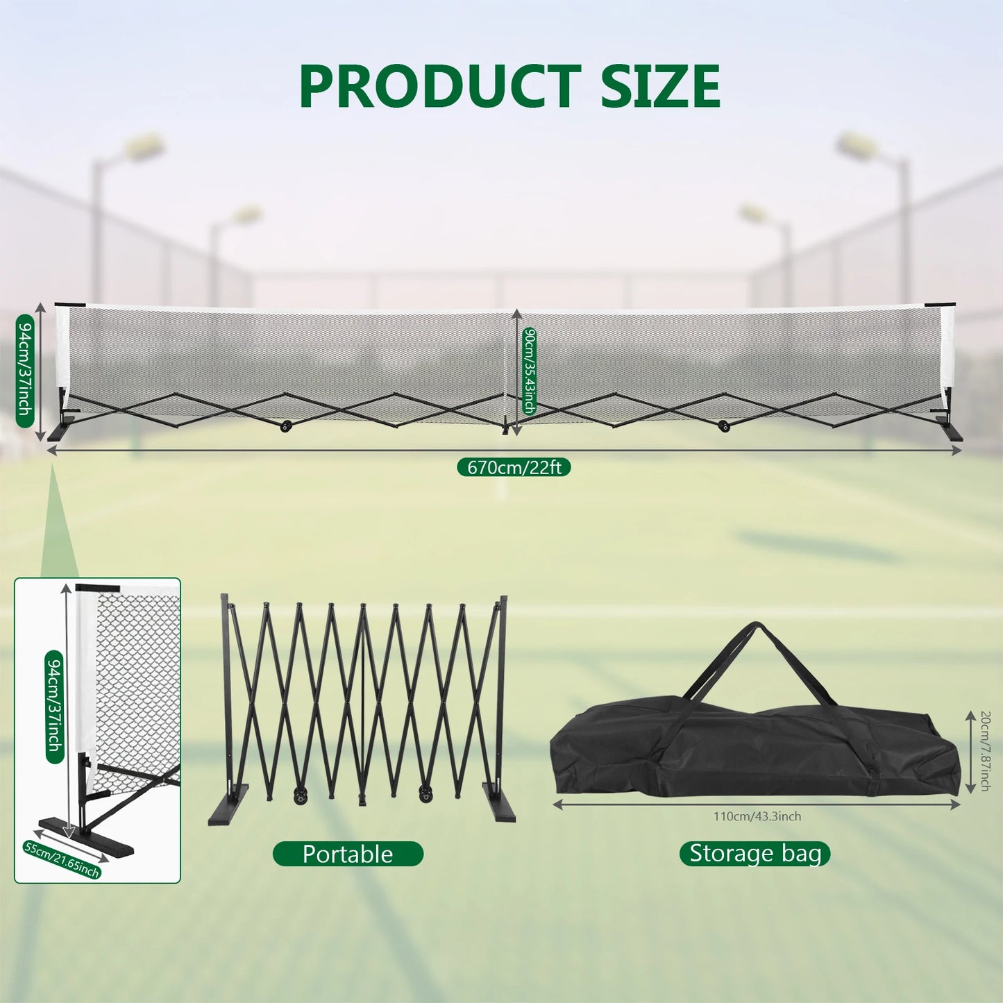 22FT Pickleball Tennis Net Set Steady Metal Frame Free Assembly Retractable with Carry Bag for Indoor Outdoor Practice Games ﻿