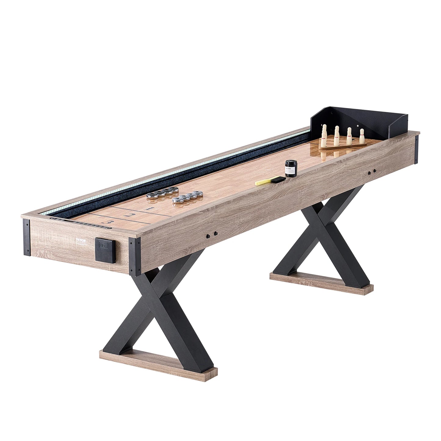 SucceBuy Shuffleboard Table 9 ft LED Light Up Shuffleboard for Family Game Room 2-in-1 Shuffleboard and Bowling Combo Game Sets