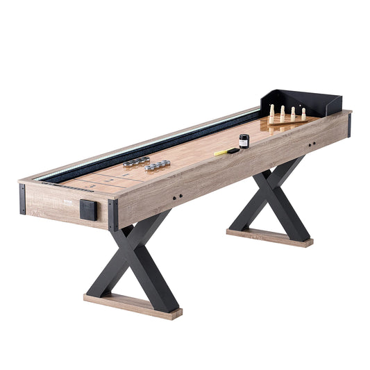 SucceBuy Shuffleboard Table 9 ft LED Light Up Shuffleboard for Family Game Room 2-in-1 Shuffleboard and Bowling Combo Game Sets