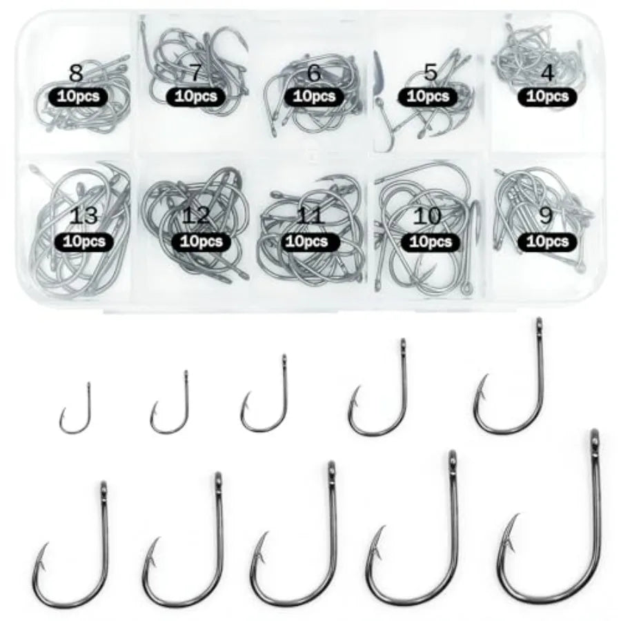 100 Pack Carbon Steel Fishing Hooks Extra Sharp Barbed Design for Freshwater Angling Multi-Species Tackle Kit Set 10