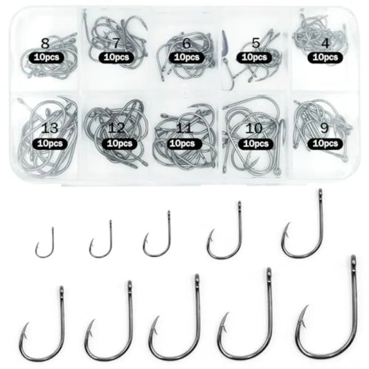 100 Pack Carbon Steel Fishing Hooks Extra Sharp Barbed Design for Freshwater Angling Multi-Species Tackle Kit Set 10