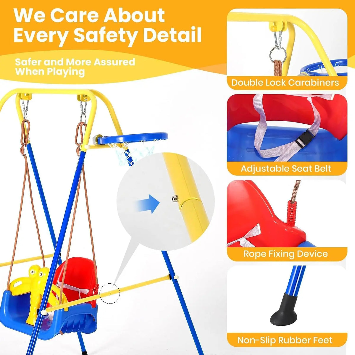 4-in-1 Foldable Toddler Swing Set – Durable Playground Equipment for Backyard or Home, with Basketball Hoop, Portable Outdoor Play Center for Ages 6–36 Months+