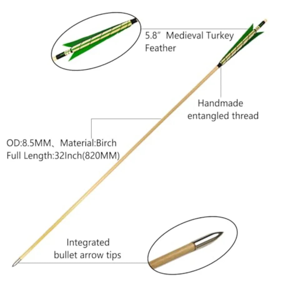32 Archery Wooden Target Practice Arrows with 5.9 Medieval Turkey Feather Fletching for Recurve English Traditional Longbow Hun