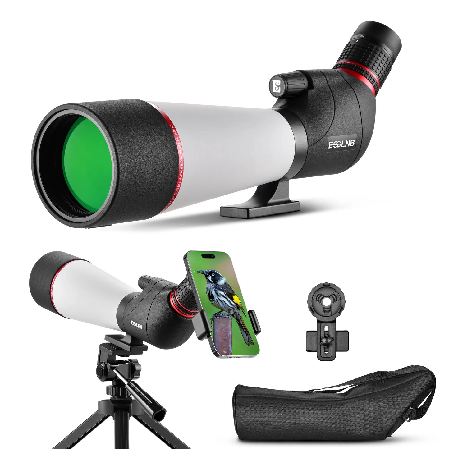 20-60X Zoom Spotting Scope 80mm FMC Lens HD Vision with Adjustable Tripod Mobile Holder Carry Bag for Hunting Bird Watching