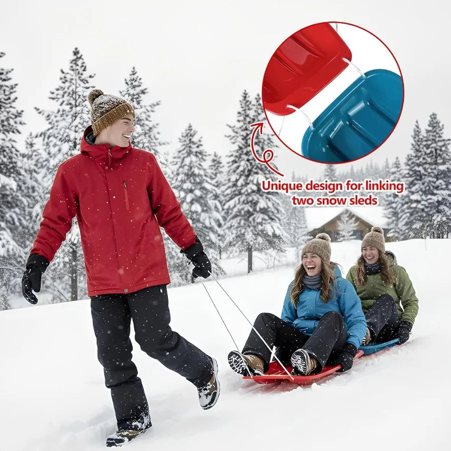 2 Pcs Plastic Snow Sled 35 Downhill Sprinter Winter Toboggan Sled Board with Pull Rope and Handles for Adults Red Durable Winte