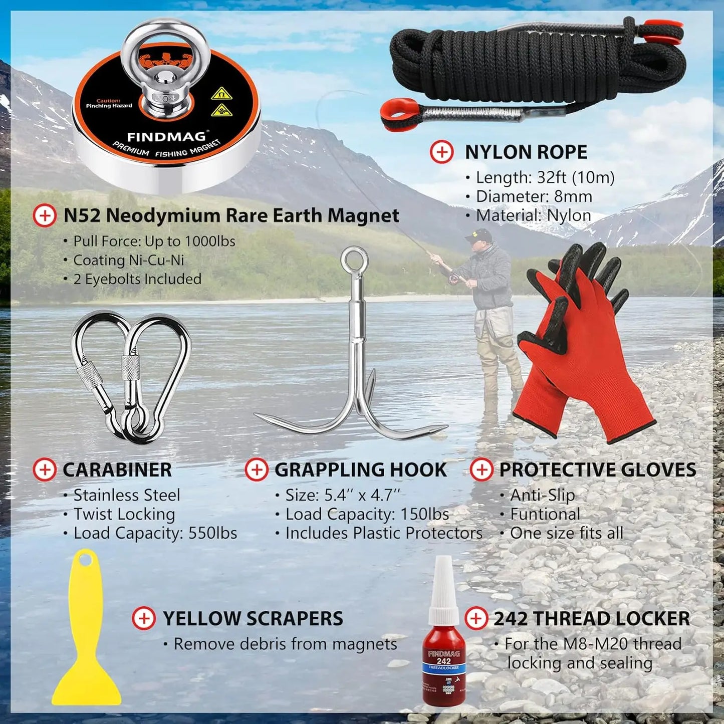 Super Strong 1000 LBS Fishing Magnet Kit with Waterproof Case, Rope & Accessories for Treasure Hunting