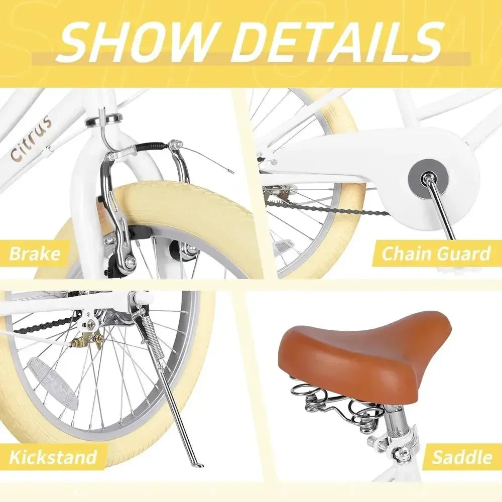 Children's 12-20 Inch Vintage Style Bikes with Training Wheels, Basket, and Bell for Ages 2-12