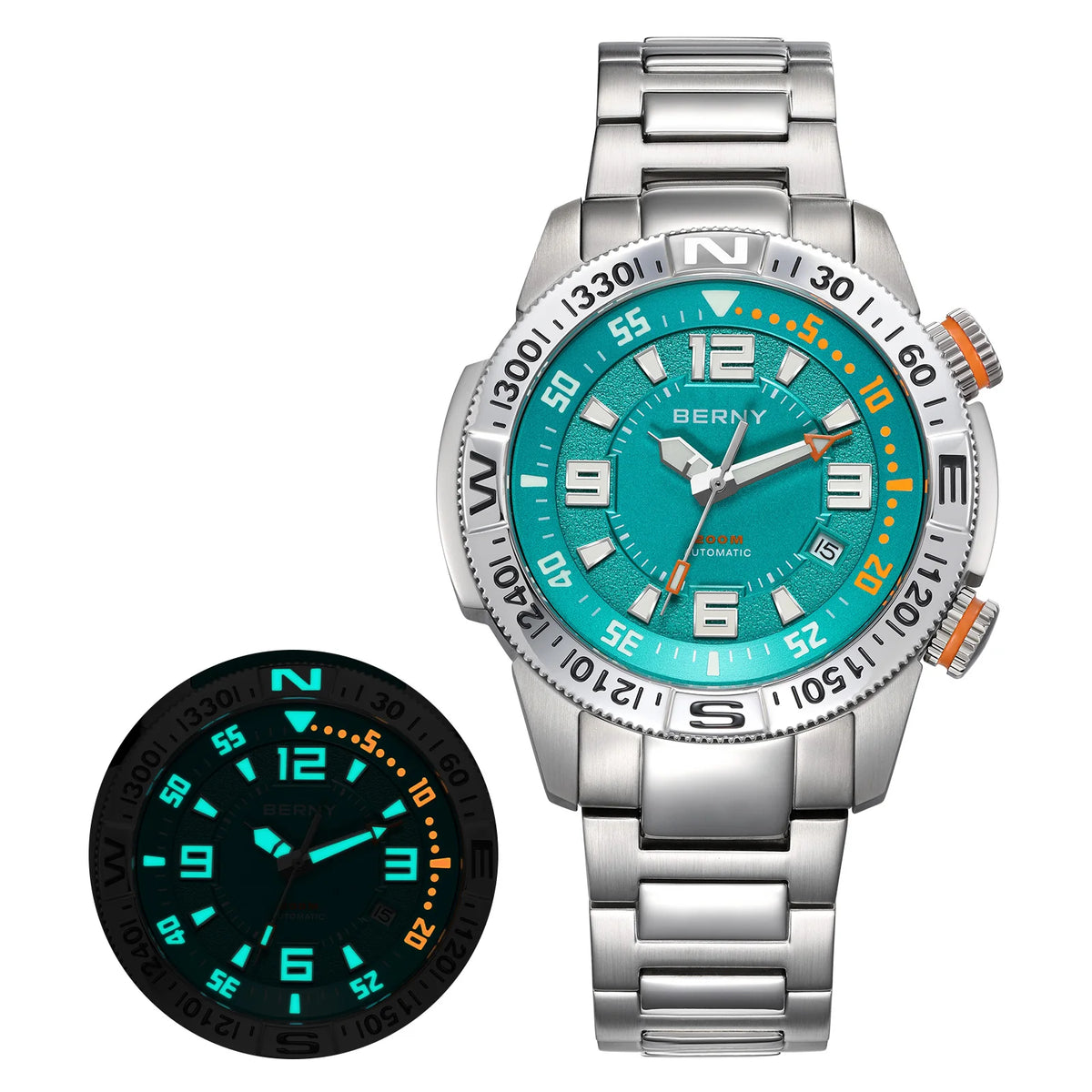 BERNY Automatic Diving Watches for Men 20ATM Super Luminous Mechanical Men's Diver Watch Full S/S Sapphire Swim Dive Wristwatch