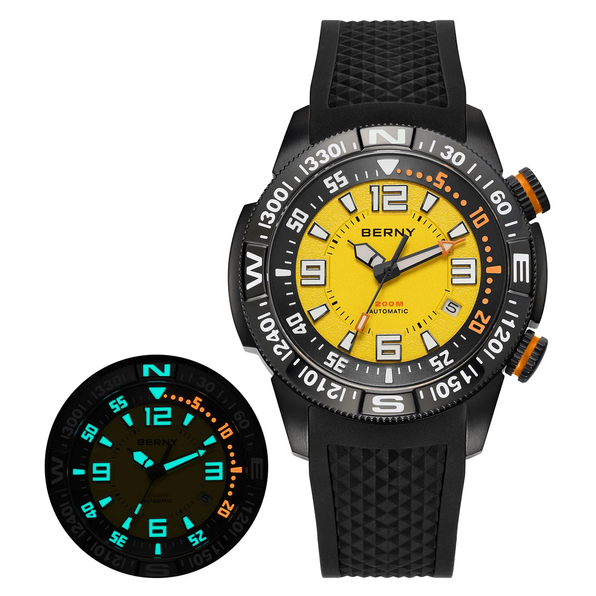 BERNY Automatic Diving Watches for Men 20ATM Super Luminous Mechanical Men's Diver Watch Full S/S Sapphire Swim Dive Wristwatch