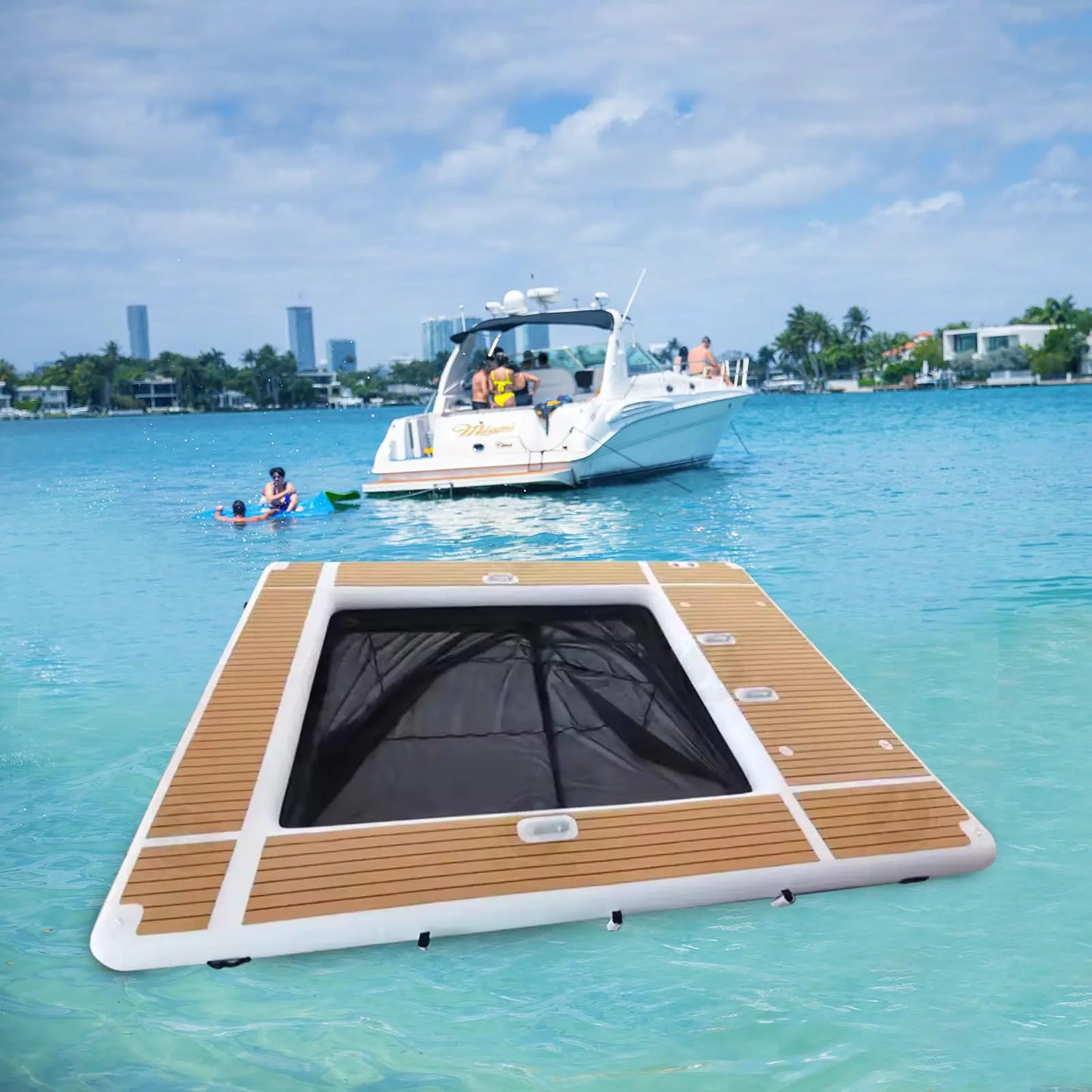 13FT Inflatable Pool Float Platform, Thick PVC Floating Dock with Non-Slip EVA Surface, Inflatable Floating Dock for Yacht/Boat