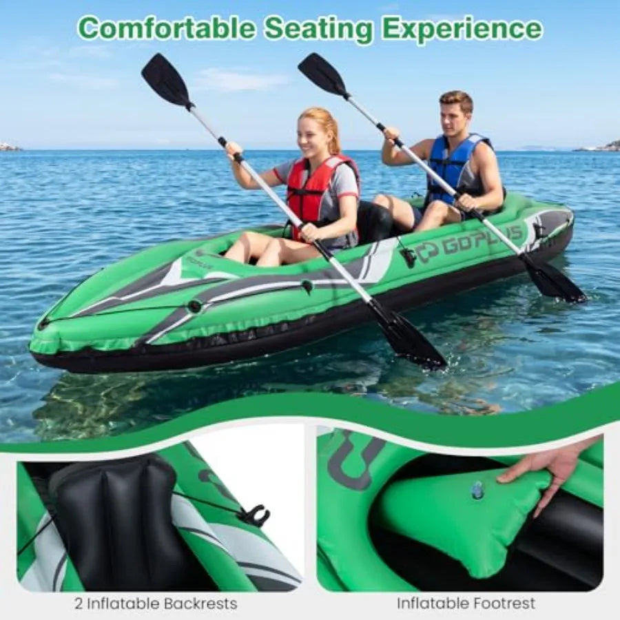Inflatable Kayak For Lake And River Fishing, PVC Material, Blue And Gray, Durable Heavy-Duty Tandem Touring Design With Aluminu