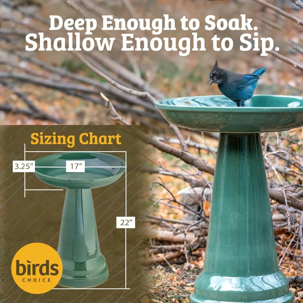 wdOhio Stoneware Bird Bath, Pedestal Bird Bath, Stable Locking Top, Weather-Resistant Ceramic Clay, Glazed Finish