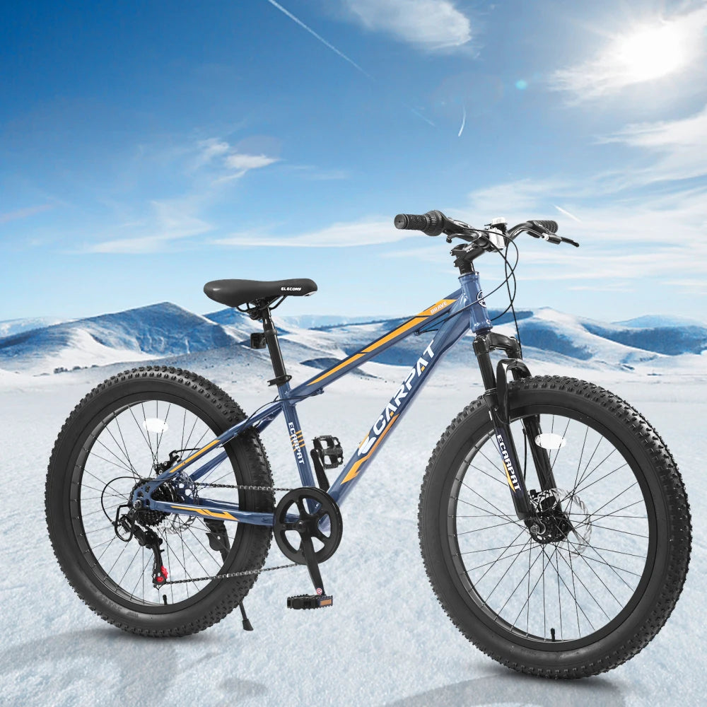 24 Inch Adult Youth Fat Tire Mountain Bike, 7 Speed Complete Gear System, High-Carbon Steel Frame, Front & Rear Dual Disc Brakes, Front Suspension, All Terrain Bike for Mountain Trails & City Commuting