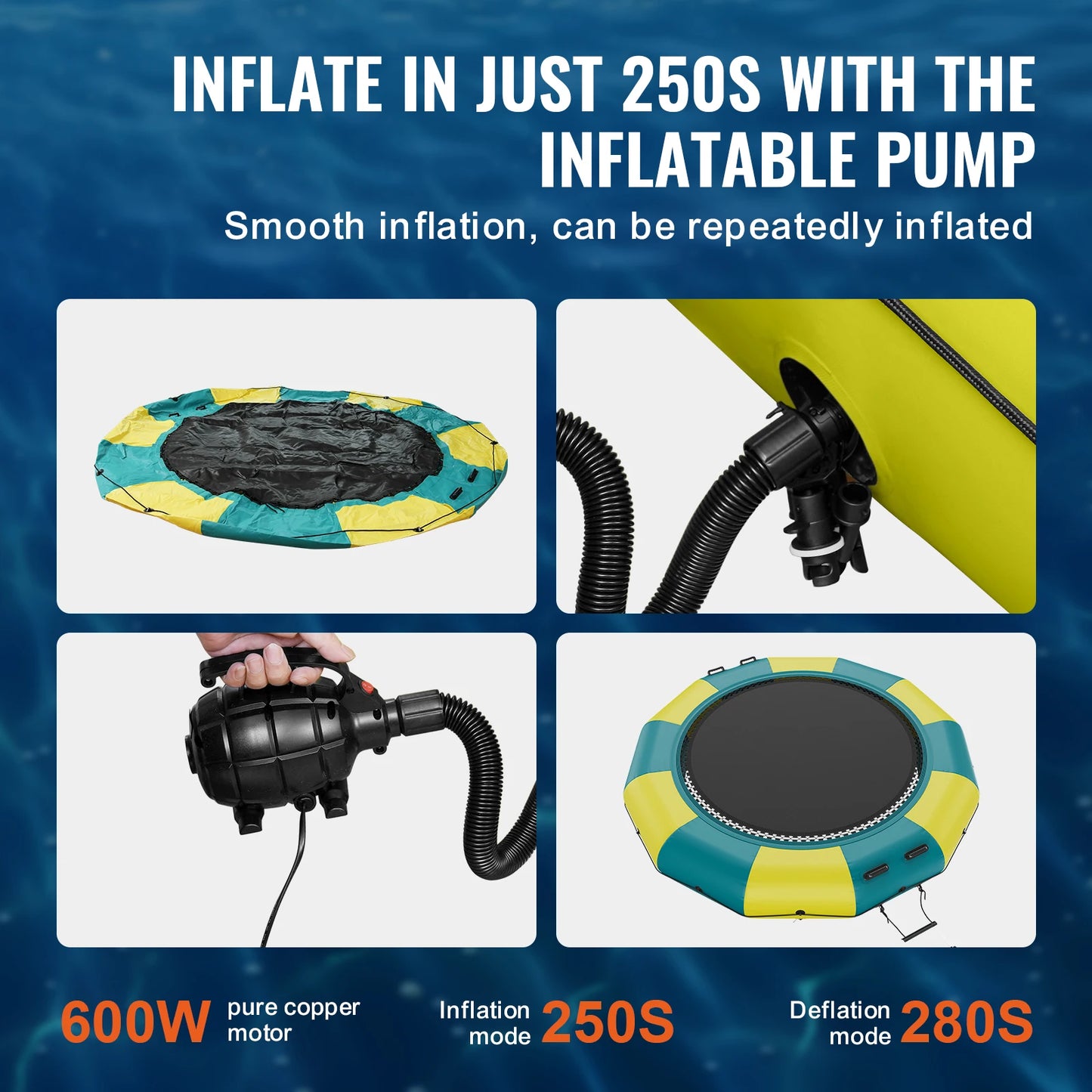 SucceBuy 12ft Inflatable Water Bouncer Recreational Water Trampoline Portable Bounce Swim Platform with Slide 3-Step Ladder