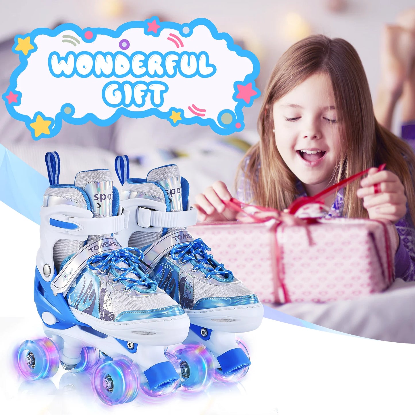 【New】TOMSHOO Roller Skates for Kids Adjustable Light Up LED Luminous Wheels Girls Roller Skates