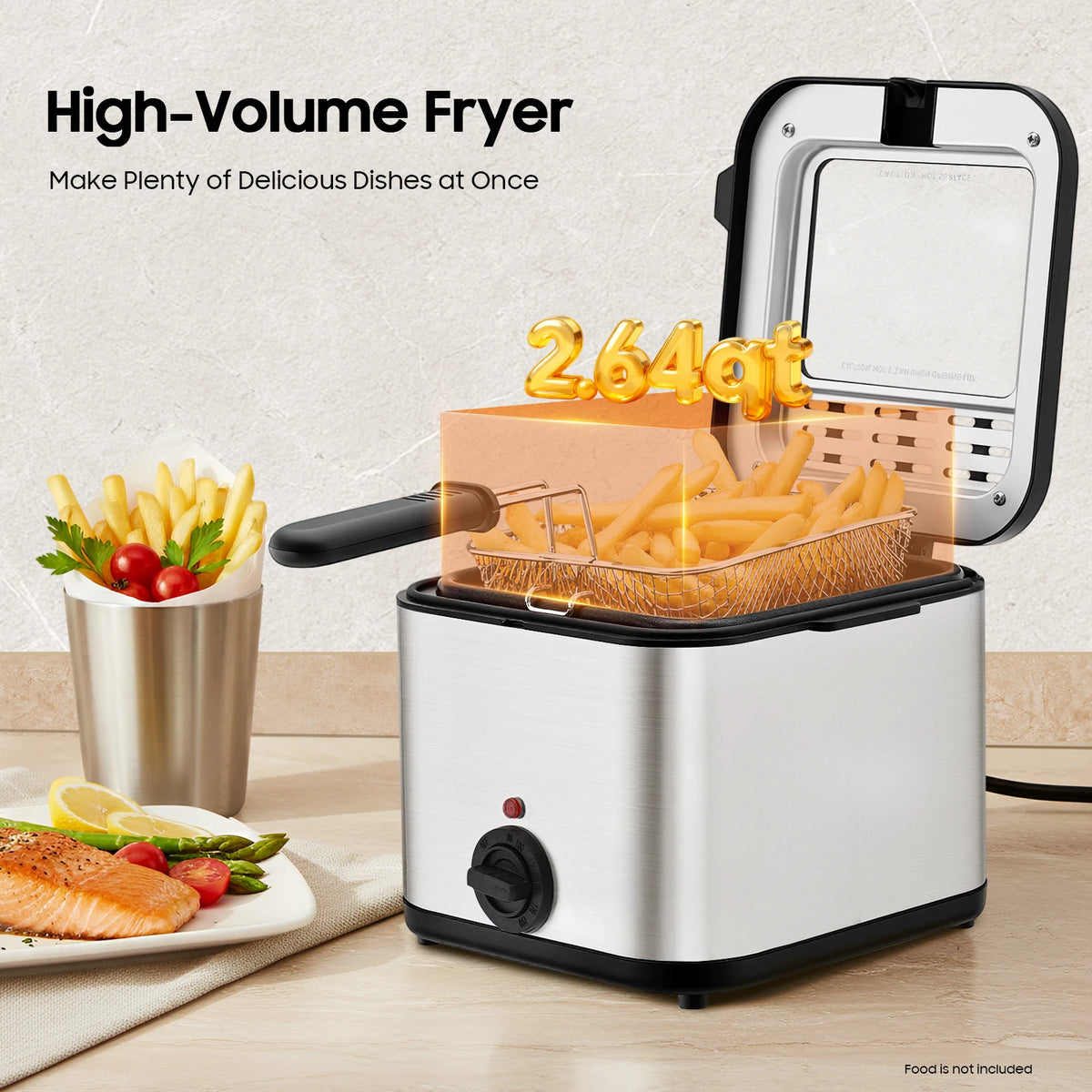 2.64Qt Stainless Steel Deep Fryer – 1000W – Adjustable Temp 176-374 ° F – Detachable Basket – Visual Lid – 3-Layer Insulation – 110V – for French Fries Chicken Home Kitchen – Silver Black