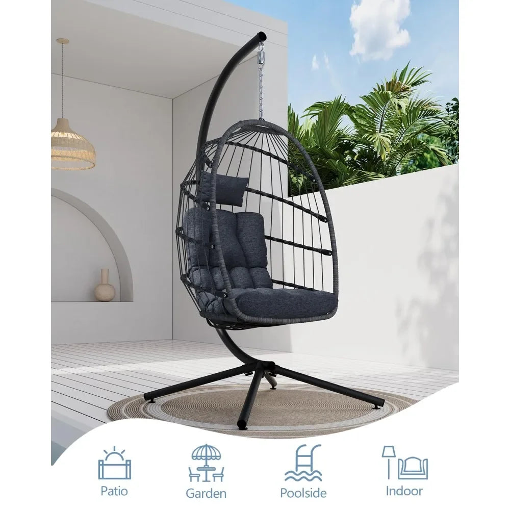 Indoor Outdoor Wicker Egg Chair with Stand Hanging Swing Chair with Cushion 350 Lbs Capacity for Patio Customized