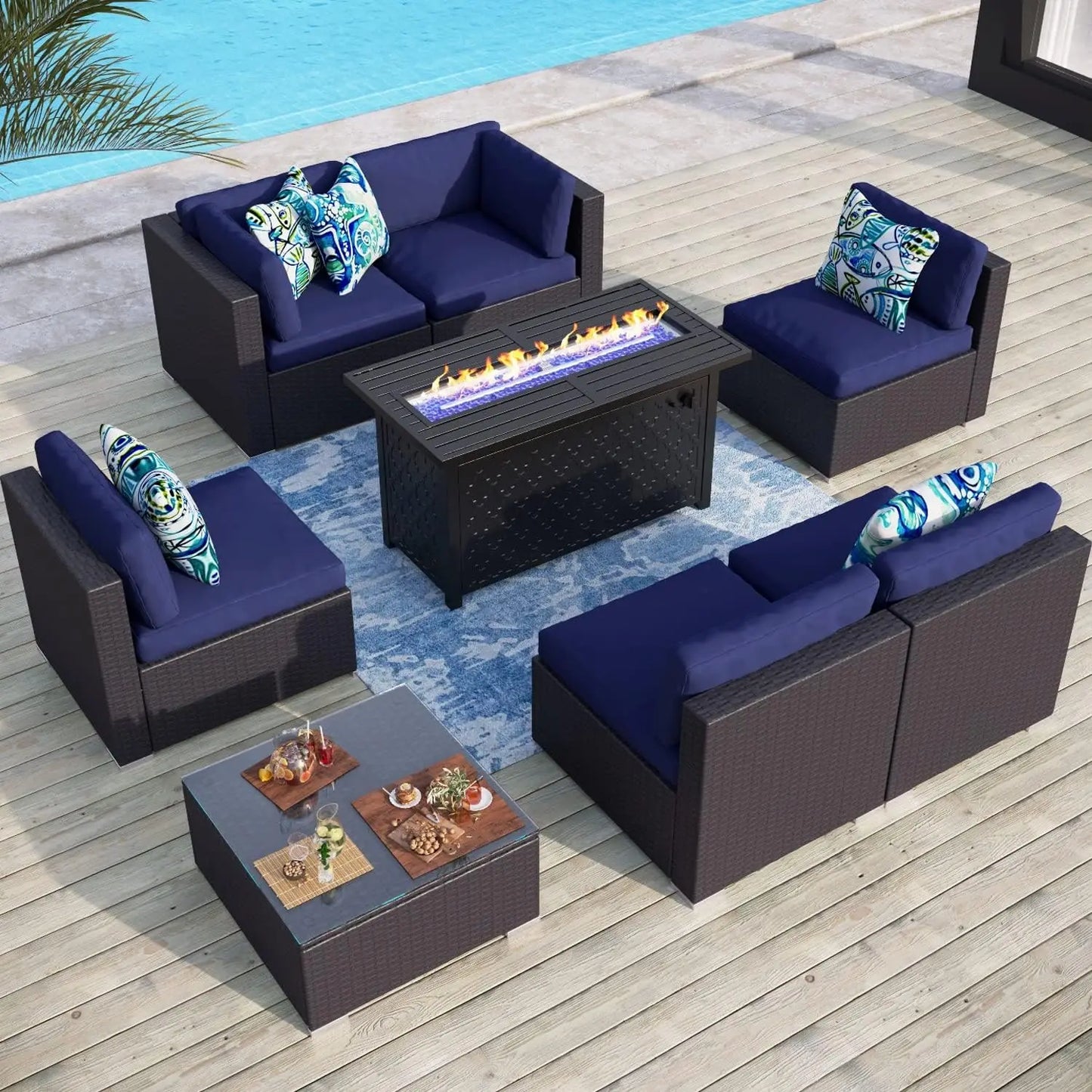 Propane Gas Fire Pit Table 45 Inch 50,000BTU Rectangular Outdoor Firepits for Outside Patio with Lid and Blue Fire Glass, Black