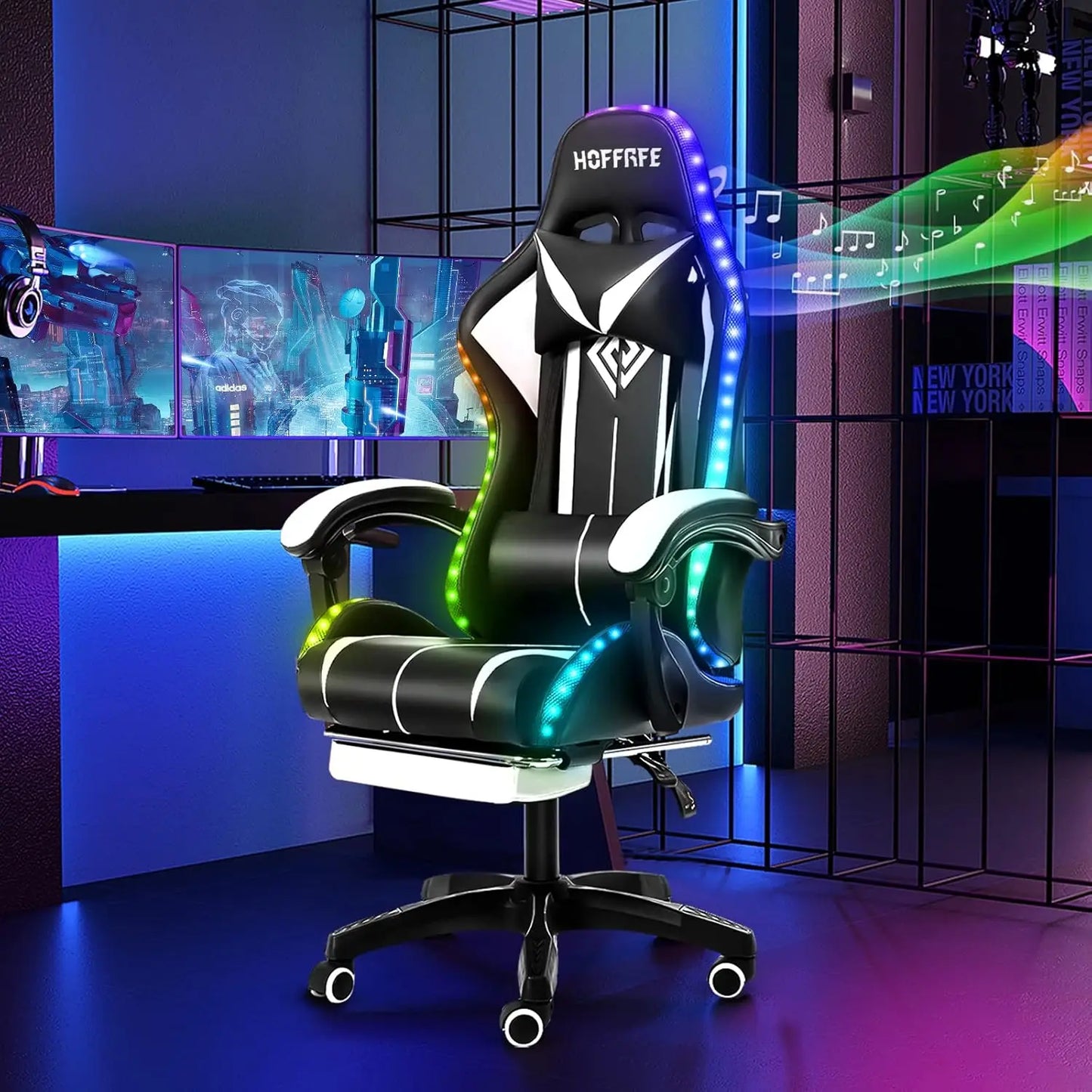 RGB Gaming Chair with Speakers Massage Computer Gaming Chair with LED Lights and Footrest High Back Video Game, Customized