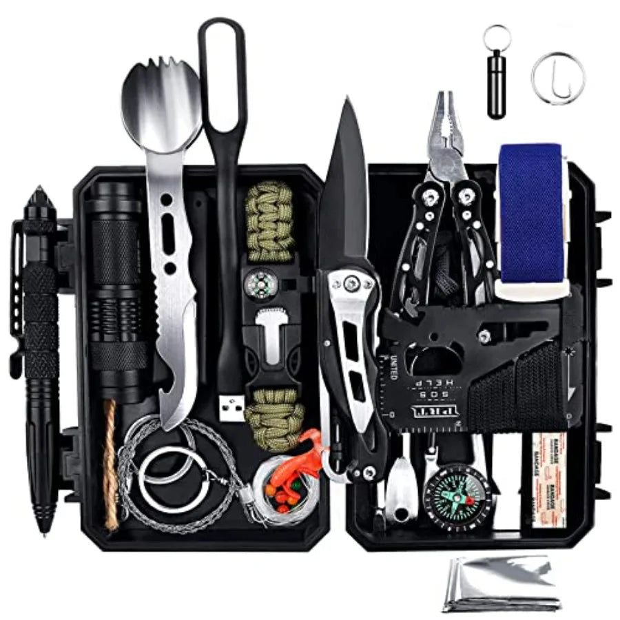 Emergency Survival Gear Kits 60 in 1 Outdoor Survival Tool with Emergency Bracelet Whistle Flashlight Pliers Pen Wire Saw for C