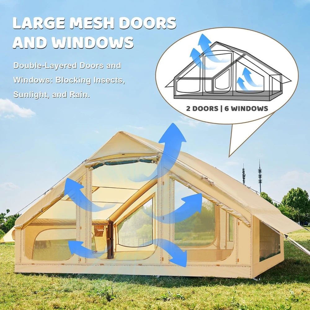 Inflatable Camping Tent with Hand Pump, Easy Setup Waterproof Oxford 4 Season Air Tent for 4/6/8/10/12 Person Glamping