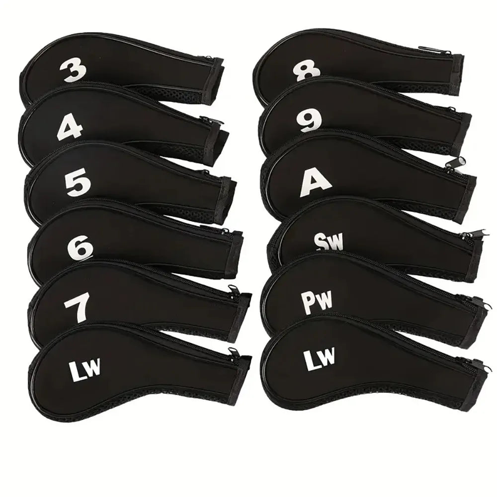 Complete Golf Club Protection Set – 12 Neoprene Covers with Number Print Zippered Driver Head & Long Neck for All Irons