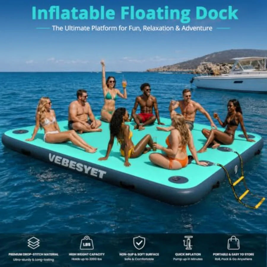 Inflatable Floating Dock Platform For Lake Ocean Swimming Fishing And Pets 6-Inch Reinforced PVC In Blue With Soft Ladder Pump