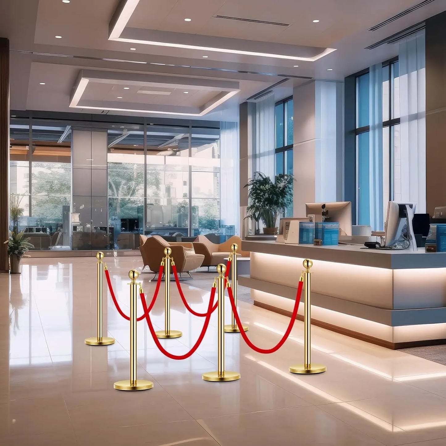Elegant Gold Stanchion Posts with Luxurious Red Velvet Ropes VIP Queue Poles for Red Carpet Events Weddings and Premieres