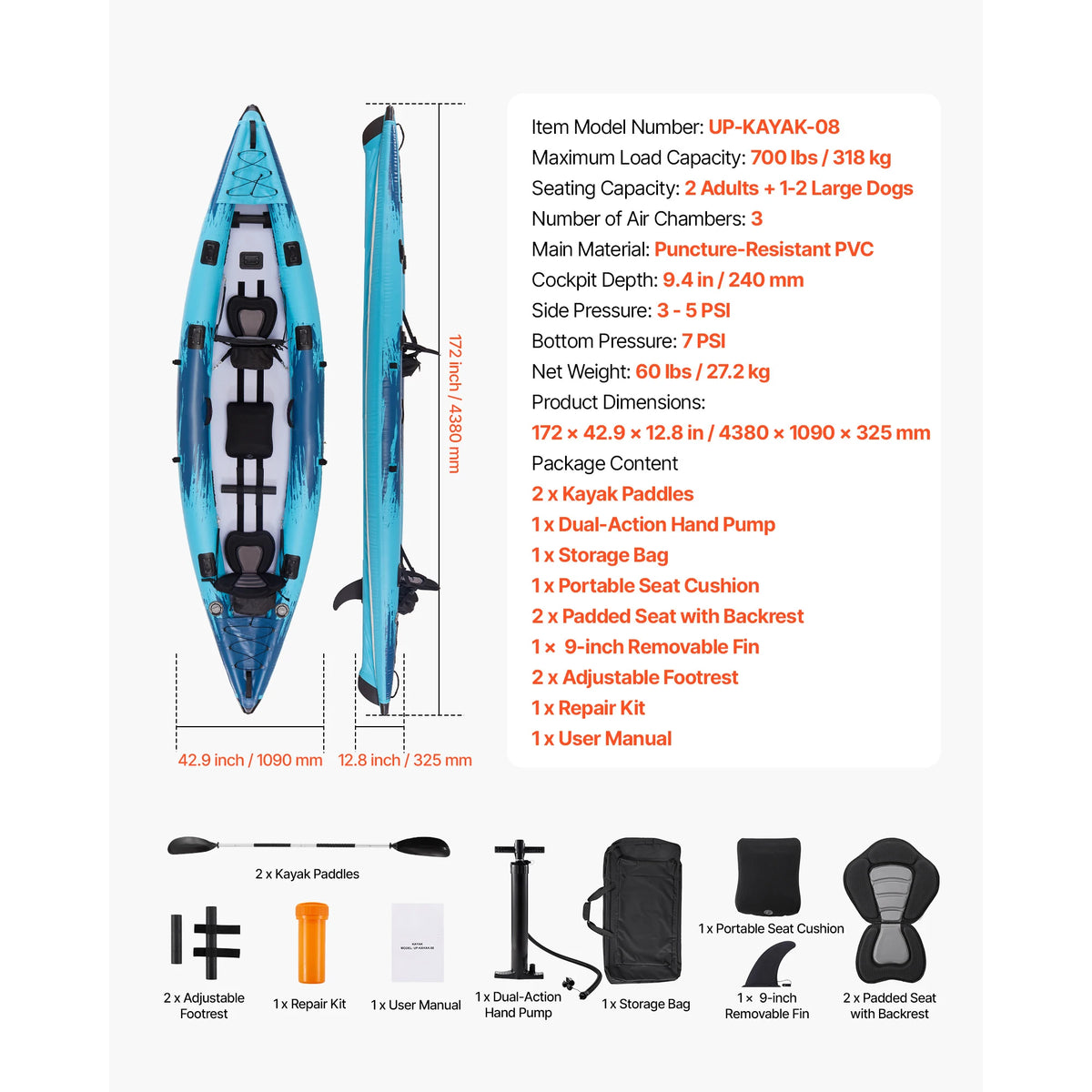 SucceBuy 700LBS Inflatable Kayak 2-Person Inflatable Recreational Kayak Leak & Puncture-Resistant with Padded Seat for Fishing