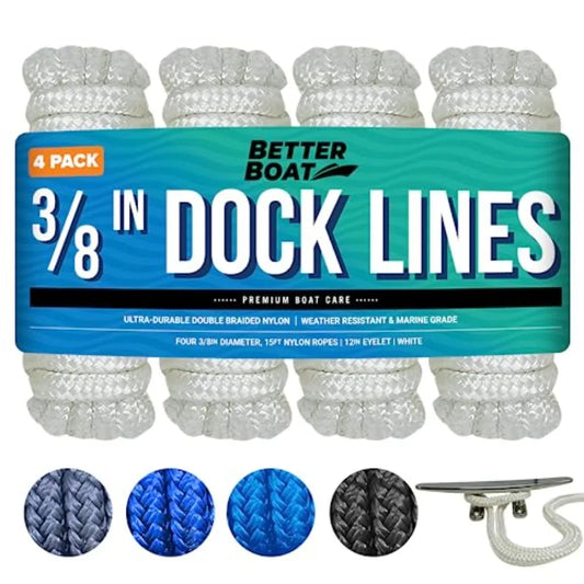 Dock Lines for Boats 4 Pack Double Braided Nylon Boat Rope with 12" Loop Marine Grade Mooring Line for Docking White