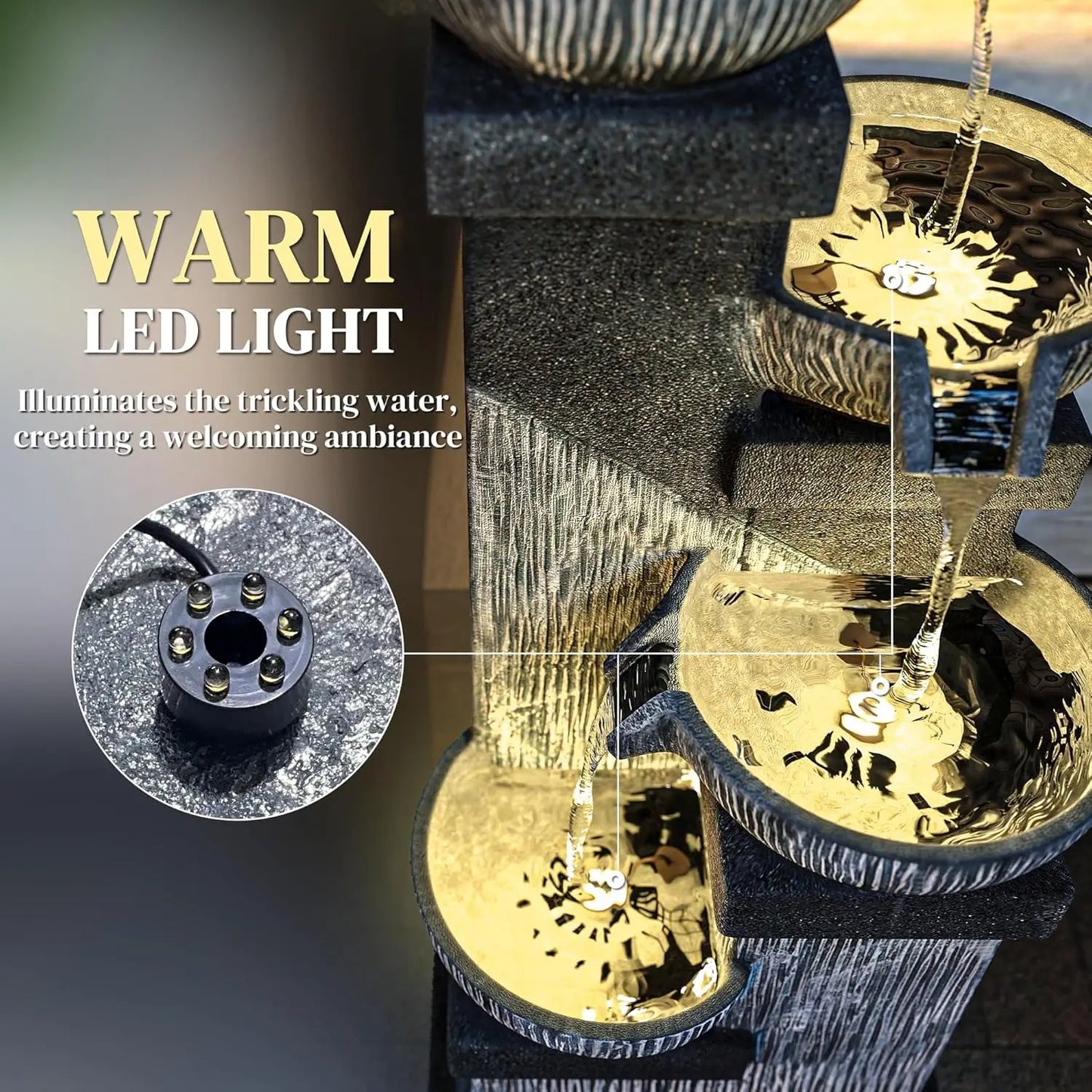 33.5" Tall Outdoor Water Fountain with LED Lights, 4-Tier Cascading Bowls for Garden Patio Backyard