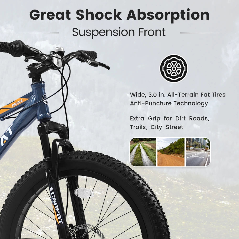 24 Inch Adult Youth Fat Tire Mountain Bike, 7 Speed Complete Gear System, High-Carbon Steel Frame, Front & Rear Dual Disc Brakes, Front Suspension, All Terrain Bike for Mountain Trails & City Commuting
