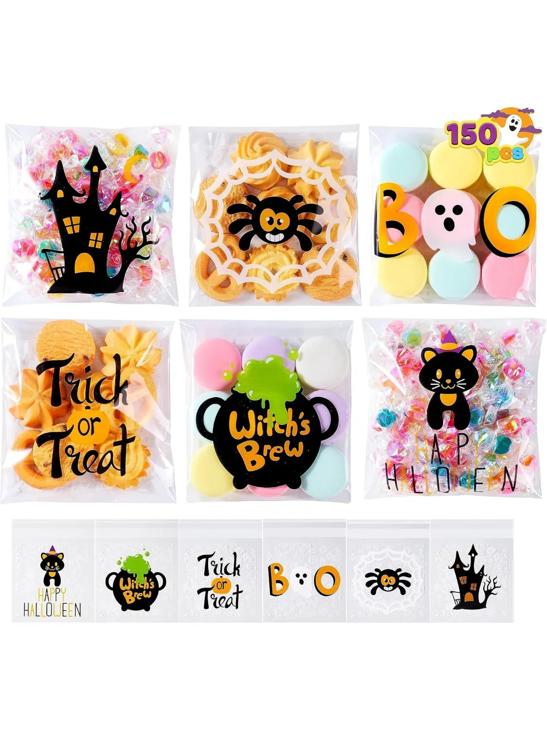 150 PCS Cellophane Treat Bags Halloween Self Adhesive Clear Cookie and Candy Bags for Kids Trick or Treating, Small Goodie Gift Ziplock Bag Bulk for Halloween Party Favors Supplies in 6 Designs