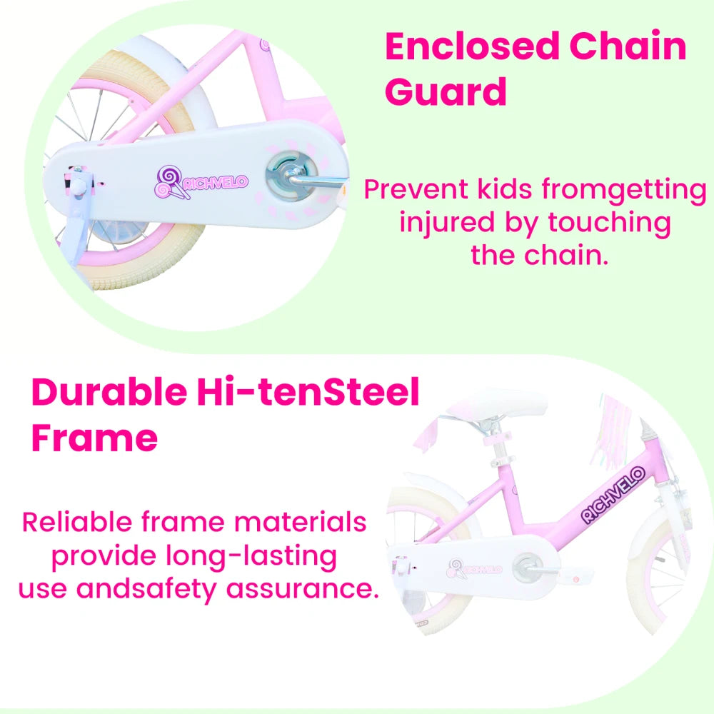 Ye A1202 Kids Bike for Girls 12/14/16 Inch, with Training Wheels, Adjustable Seat, Front Basket, Doll Seat & Colorful Streamers, Toddler Bicycle for 2 - 7 Years Old, Pink Birthday Gift
