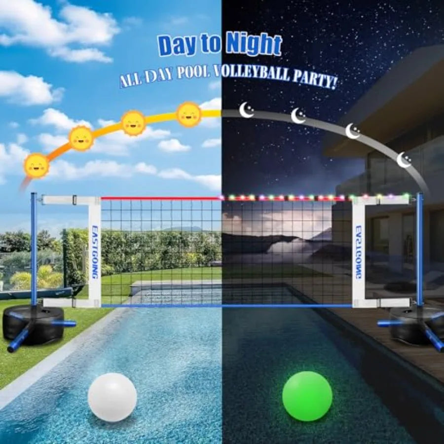 Pool Volleyball Net Set with LightAdjustable Length 15-25FT Swimming Pool Volleyball Net System with 2 Water Volleyballs and He