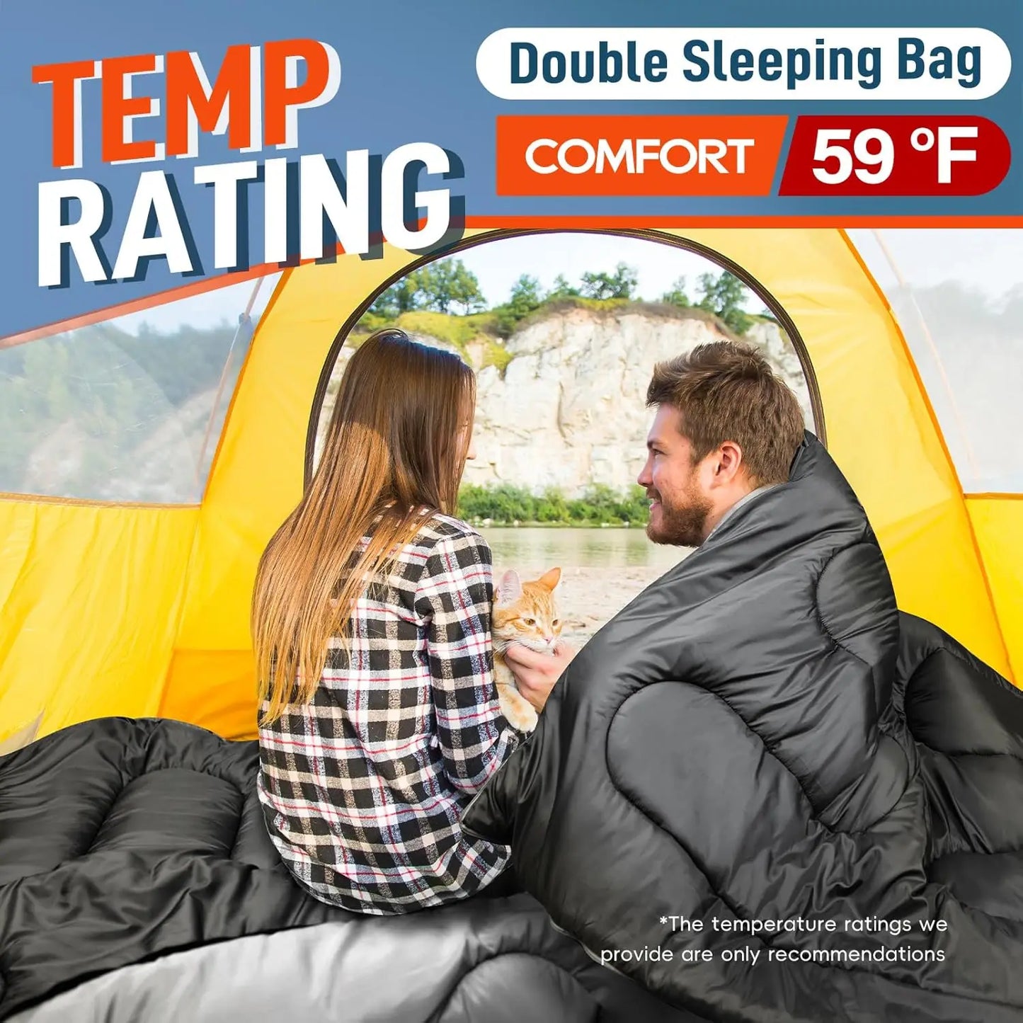 XL Queen Size Double Sleeping Bag with Pillow for Two Adults, All Season Camping Hiking Backpacking