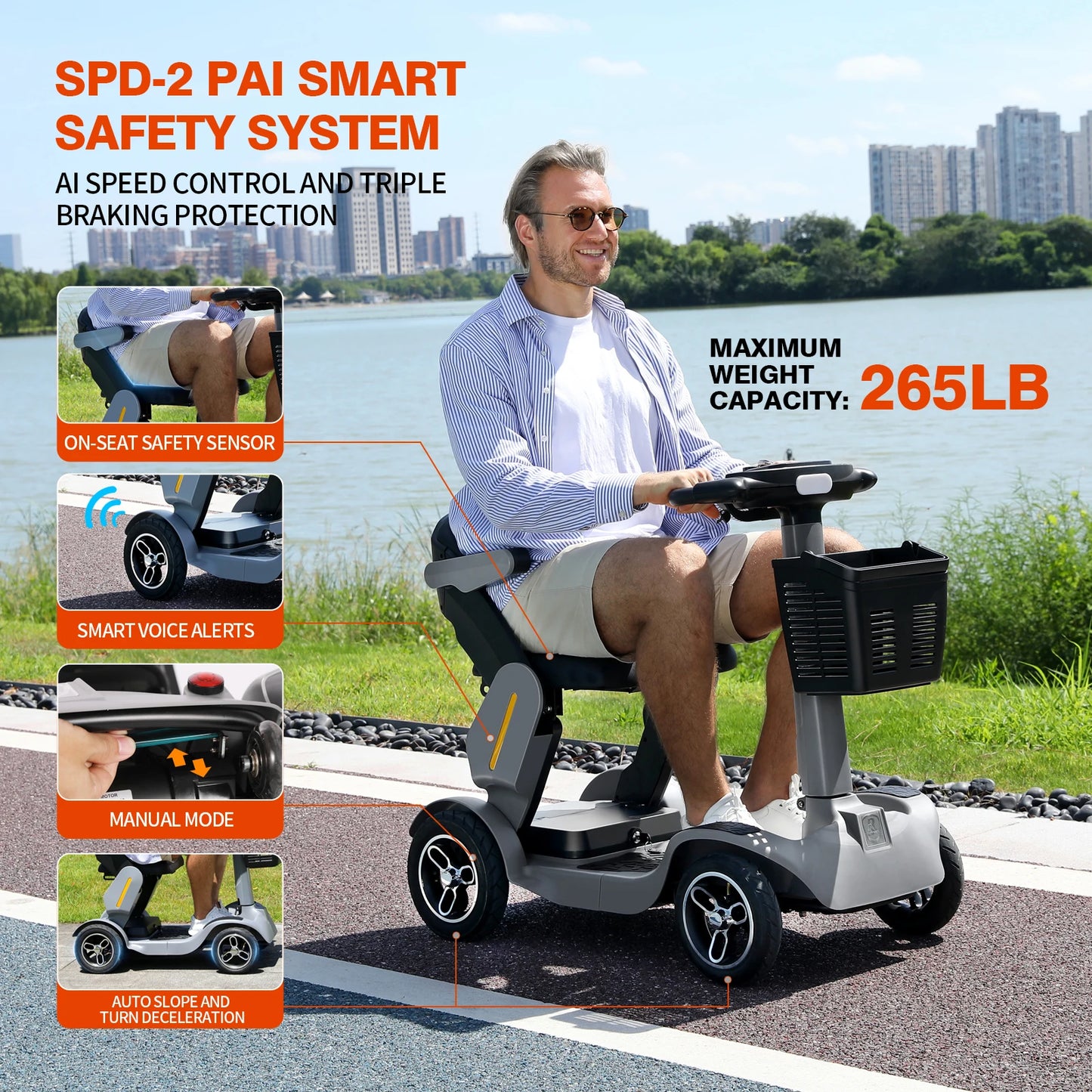 Gray Foldable Portable Mobility Scooter Lightweight All Terrain Compact Design Suitable For Seniors And Adults Easy To Fold Ideal For Travel Daily Outdoor Use Stable Comfortable Structure Easy To Control For Daily Commute And