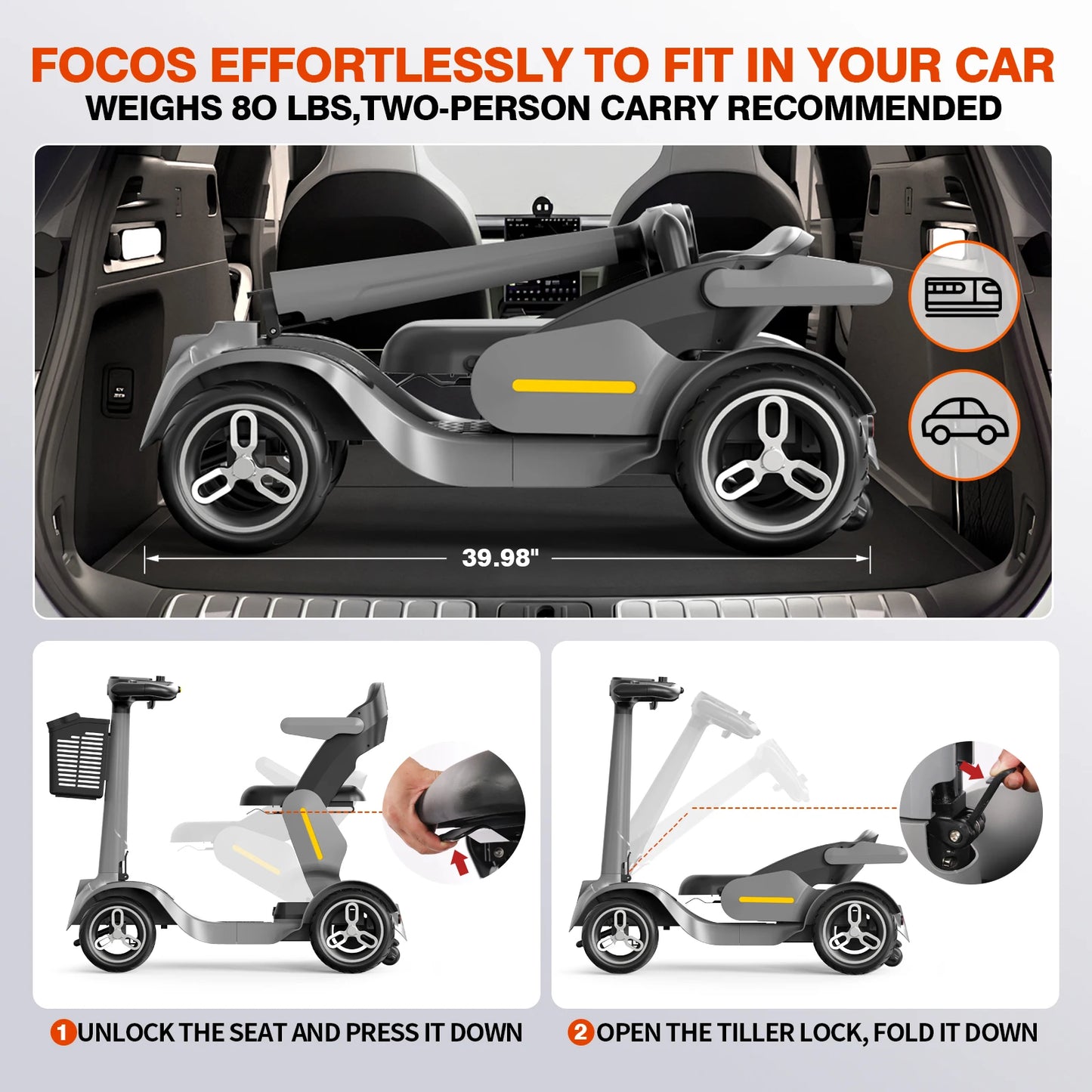 Gray Foldable Portable Mobility Scooter Lightweight All Terrain Compact Design Suitable For Seniors And Adults Easy To Fold Ideal For Travel Daily Outdoor Use Stable Comfortable Structure Easy To Control For Daily Commute And