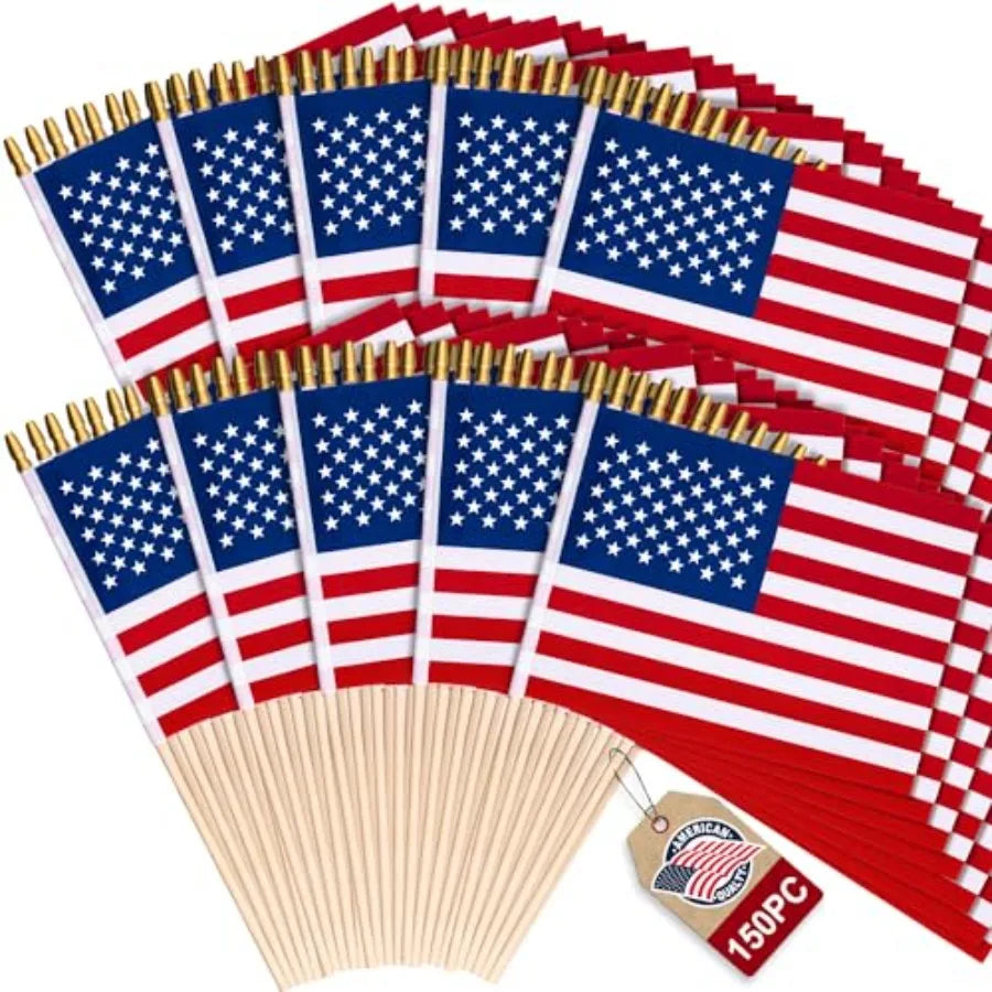 150 Pack Small American Flags on Stick, 8x12 Inch Mini US Hand Held Wooden Stick Flags with Spear Top, 4th of July Independence